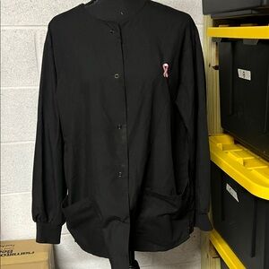 Black Button-Up Scrub Jacket with Pink Ribbon Small breast Cancer awareness